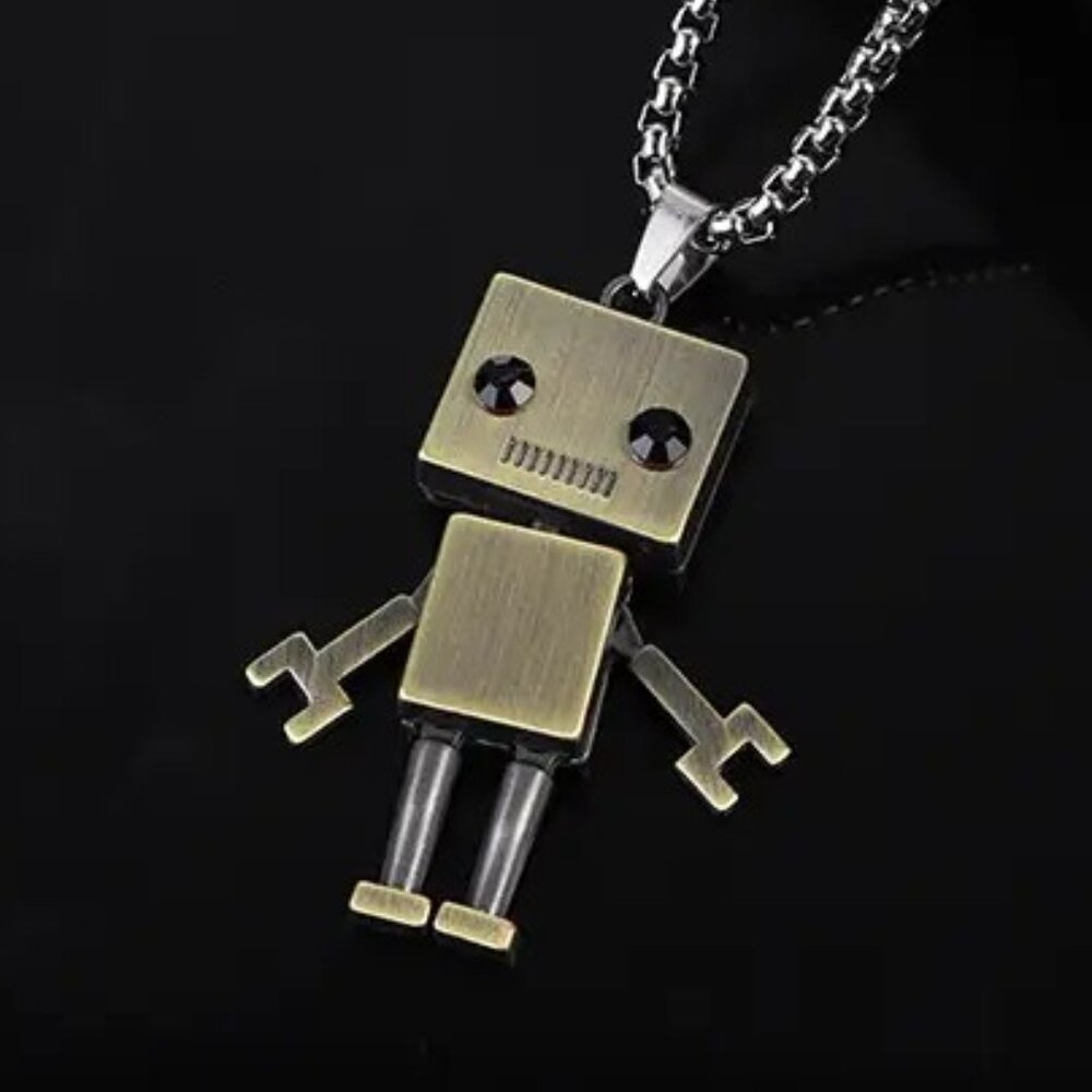 Bronze Robot Pendant Necklace Cute Cartoon Toy Figure Geek Gamer Gift Unisex